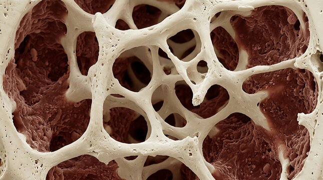 Microscopic view of porous trabecular bone tissue for medical study.