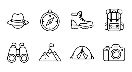 Fototapeta premium Outdoor Adventure Icons: Hiking Gear, Camping Equipment, Travel Essentials, Vector Set