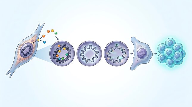 Scientific illustration showing cellular reprogramming and stem cell induction