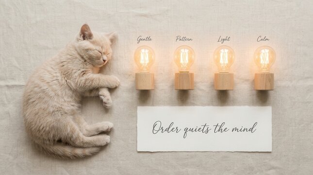 Peaceful kitten sleeping next to four glowing lightbulbs and a card with text order quiets the mind on a neutral fabric background perfect for wellness and mental health conceptual photography art