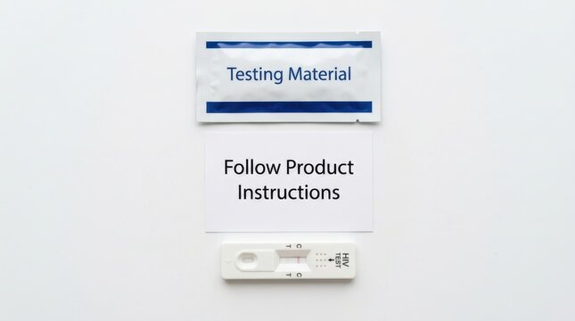 Professional medical HIV rapid diagnostic test kit components including a testing material sachet and instruction card with a plastic cassette for private health screening and virus detection tool kit