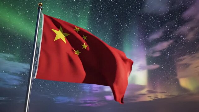 Chinese Flag Waving Under Aurora Borealis and Starry Night Sky