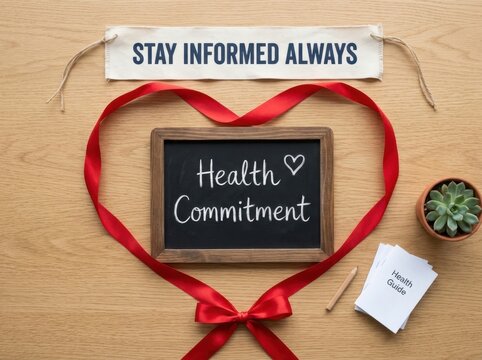 Inspiring health commitment chalkboard placed within a red ribbon heart on a wooden desk with a stay informed banner and guide cards, representing wellness awareness and medical care for healthy life.