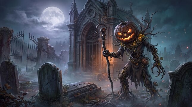 Creepy jack-o-lantern scarecrow roaming a foggy haunted graveyard at night