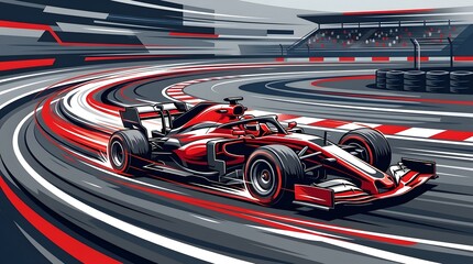 Fototapeta premium Dynamic Illustration of a Red Formula One Race Car Speeding Through a Curved Track at High Velocity