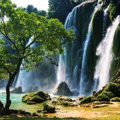 Lush tropical waterfall cascading over rocky cliff into river with waterfall tropical landscape environment outdoors ©  SobuzForge