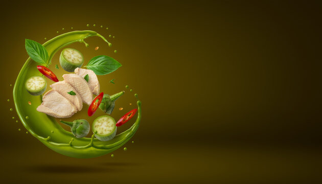 Dynamic Floating Food Concept with Rice, Gourmet Meats, Asian Curry Splash, and Flying Fresh Ingredients