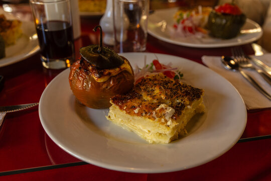 Traditional rocoto relleno with pastel de papa, typical cuisine of Arequipa, Peru