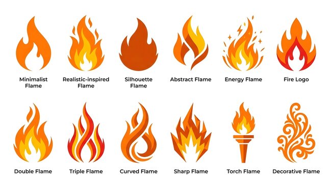 Set of various flame icons and fire logo designs in flat vector style