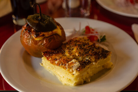 Traditional rocoto relleno with pastel de papa, typical cuisine of Arequipa, Peru