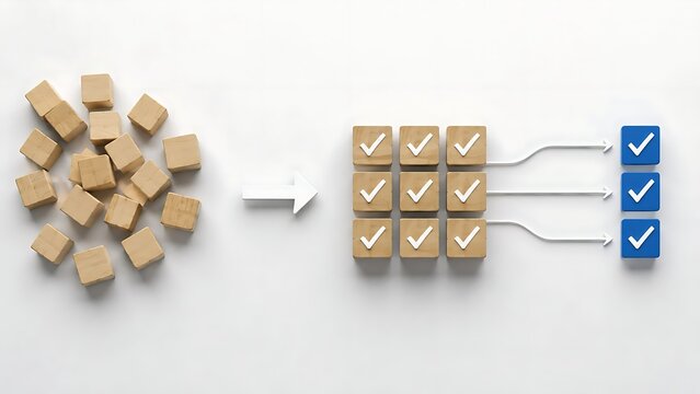 Workflow organization and task management concept with scattered wooden blocks sorting into aligned checkmarks