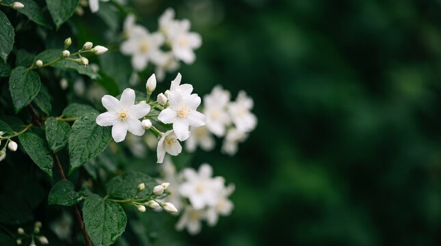 White jasmine flowers blooming on a green bush in a spring garden