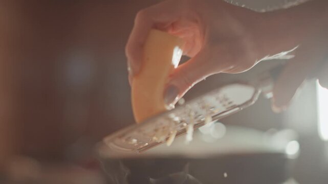 Low-angle close-up showing hand holding small ingredient and rubbing it across handheld metal grater, producing thin curly shavings and tiny droplets that fall into bowl below; visible lateral