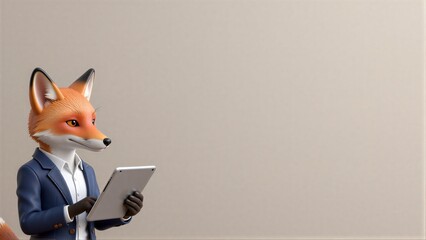 Naklejka premium A fox in a suit holds a tablet, looking thoughtful against a plain background.