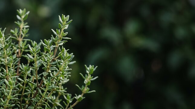 Fresh green thyme herb stems on a dark blurred background for culinary and organic concepts.