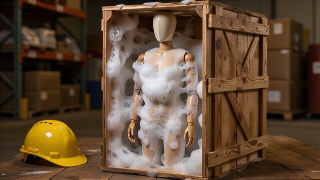 Mannequin in foam inside wooden crate, warehouse setting with hard hat nearby.