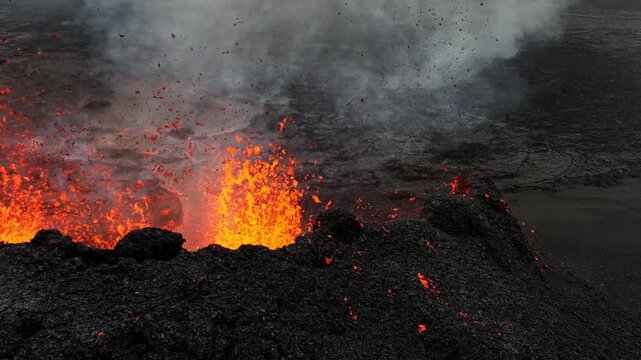 Active Volcano Eruption Lava Flowing From Crater Aerial View Iceland 4K