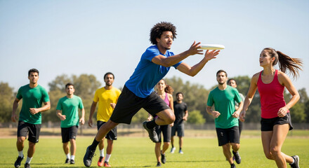 Fototapeta premium Young man jumping to catch a flying disc while playing ultimate frisbee. Diverse group of active adults enjoying a team sport on a grassy field