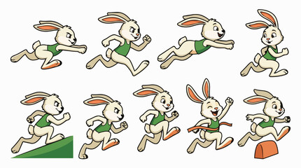 Fototapeta premium Cartoon rabbit athlete jumping hurdles and running uphill