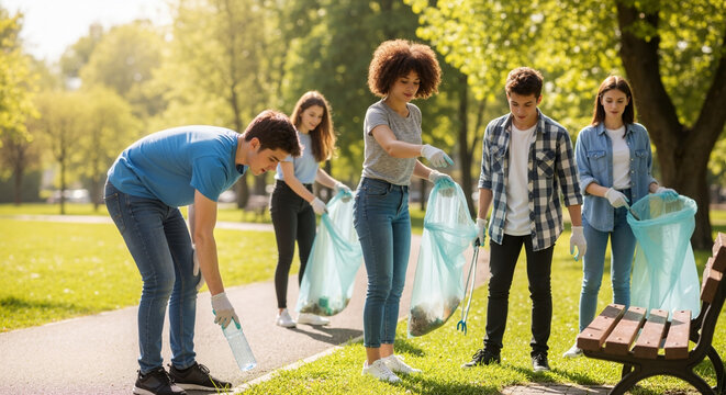 Diverse teenagers picking up litter in sunny park. Youth volunteers cleaning environment with blue garbage bags and grabbers along paved path