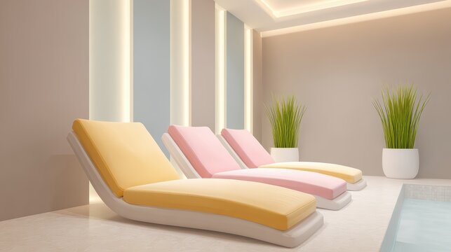 Modern indoor spa room with luxury lounge chairs and pool