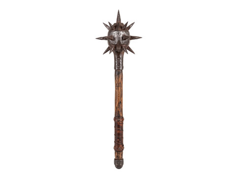 Medieval spiked mace weapon with wooden handle and metal head, perfect for Halloween costumes and historical reenactments PNG Isolated on transparent background