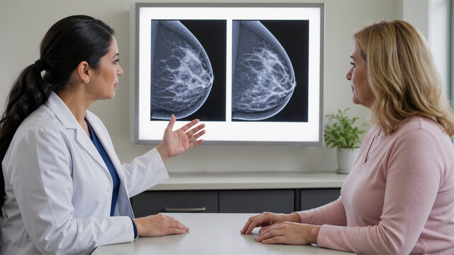 Female doctor explaining mammogram x-ray results to a patient in a bright clinic. Medical professional discussing breast cancer screening diagnosis using an illuminated light box