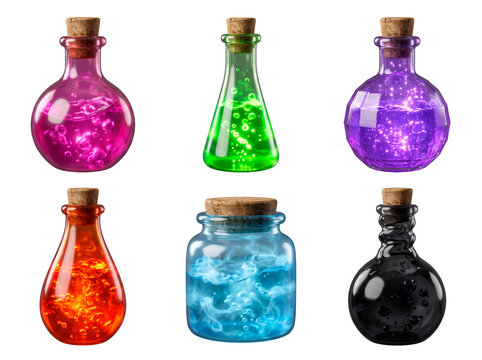 Collection of six colorful Halloween potions in glass bottles with cork stoppers, magical liquids with glowing effects PNG Isolated on transparent background