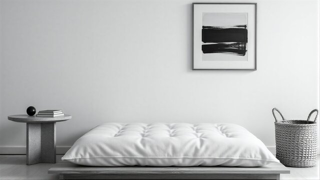 Minimalist room with white cushion, side table, basket, and framed artwork.