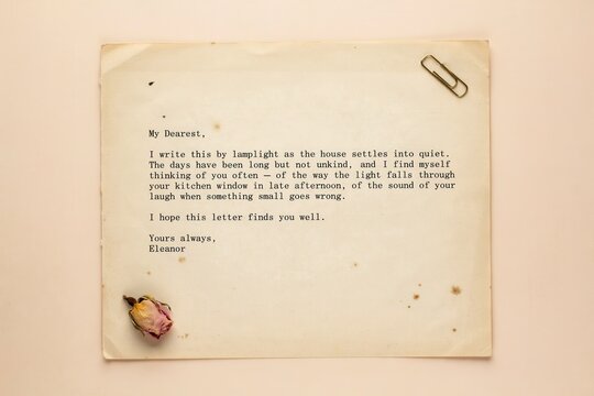Vintage typewriter love letter on aged paper, antique correspondence with dried rose and paperclip, nostalgic romantic note