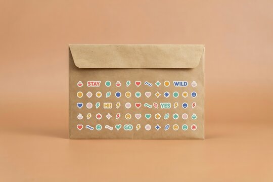 Kraft paper envelope with colorful stickers, brown mailing stationery with small icons, rustic mailer for creative branding