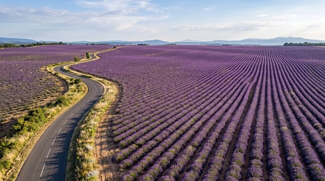 Aerial view of a winding road through vibrant purple lavender fields during a beautiful summer sunset