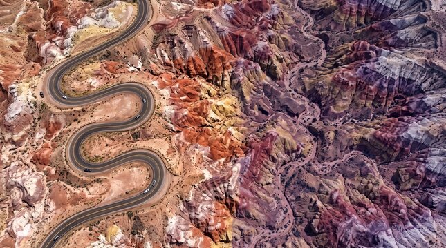 Aerial view of a winding asphalt road cutting through the colorful, rugged, and eroded desert landscape of the painted desert