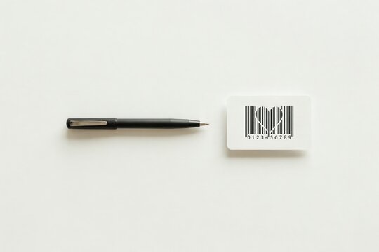 Minimalist business card with heart barcode and black pen, conceptual retail branding, creative shopping and love symbol on white background