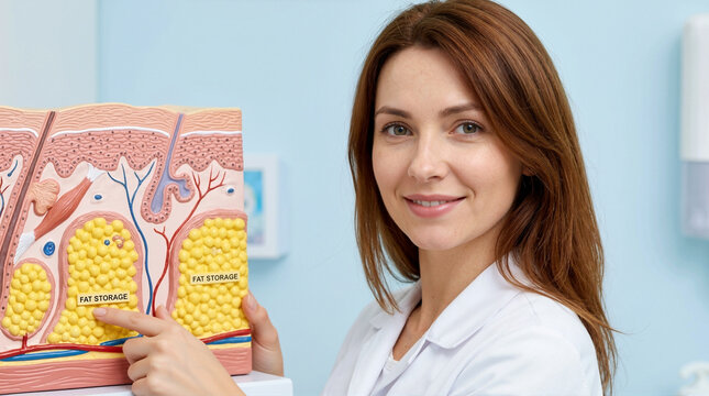 Female doctor pointing to an anatomical model of human skin and fat storage. Medical professional explaining adipose tissue. Healthcare and education