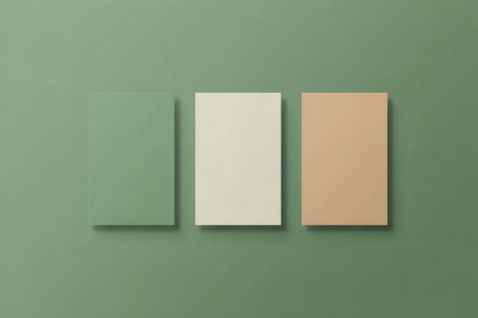 Minimalist business card mockup, three blank stationery cards in earth tones, professional branding template on green background