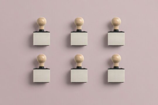 Minimalist wooden rubber stamps on pink background. Set of six office stamps for branding. Professional stationery tools for business identity.