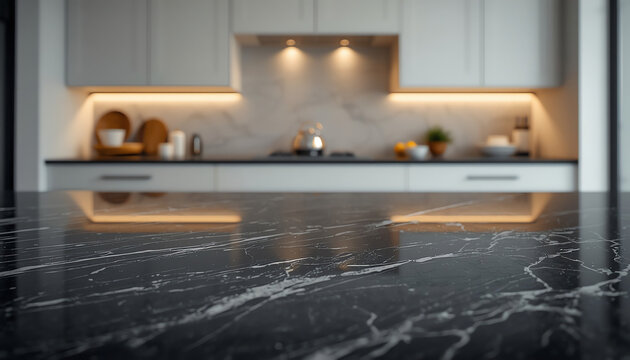 Empty black marble stone table top and blurred kitchen interior background with vintage filter - can used for display or montage your products. 