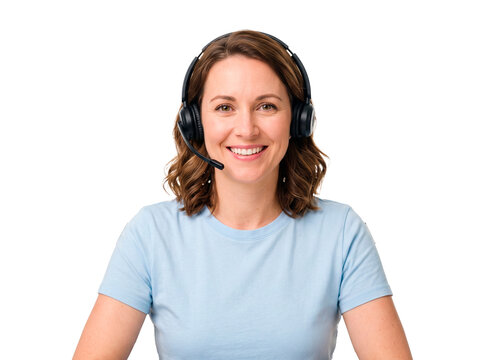 Smiling woman wearing headset for remote work and online communication with microphone and headphones PNG Isolated on transparent background