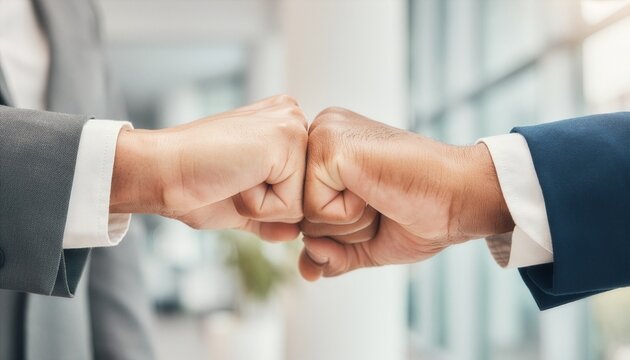 Extreme close-up of two business hands creating a supportive fist bump.