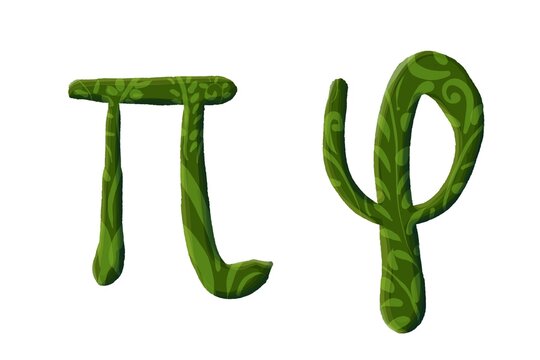A casual floral-patterned Phi and Pi symbols on white background. Represents the golden ratio, infinite pi, quantum physics, and the scientific geometry in nature.
