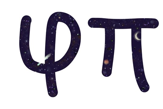 A casual cosmic Phi and Pi symbols. Represents the golden ratio, infinite pi, quantum physics, and the scientific geometry of space