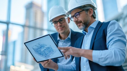 Fototapeta premium Architects reviewing building blueprints on digital tablet