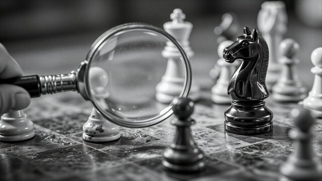 Magnifying glass focuses on chess knight, symbolizing strategic scrutiny in game of wits.