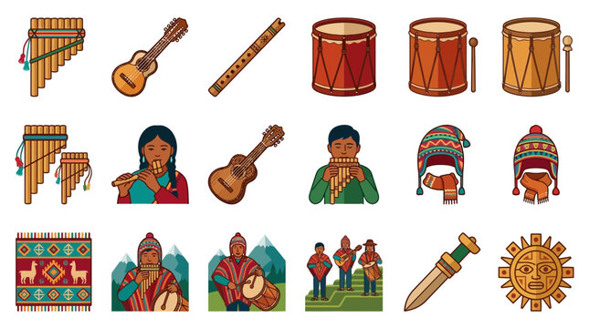 Andean Music Instruments, People, and Culture Icons Set