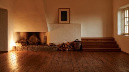 Obraz premium A neat stack of firewood beside a woven storage floor basket
