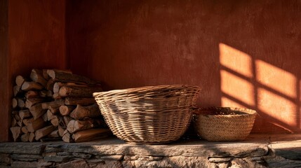 Obraz premium Empty warm wall above a simple rustic stone fireplace hearth