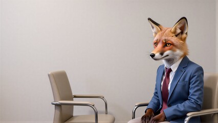 Naklejka premium Fox in suit holds clipboard, sits waiting in sterile office chair.