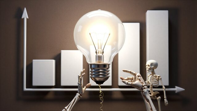 Skeleton holds glowing light bulb beside rising bar graph, symbolizing innovation and growth.