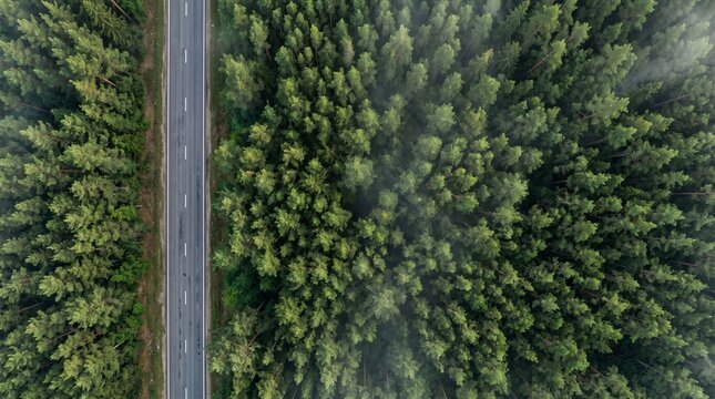 Aerial view of a straight asphalt road cutting through a dense green coniferous forest in summer with light morning mist